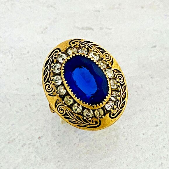 Vintage Belle Epoque Simulated Sapphire Diamond Ring with Paste Stones Sz 6.75 - Picture 2 of 7